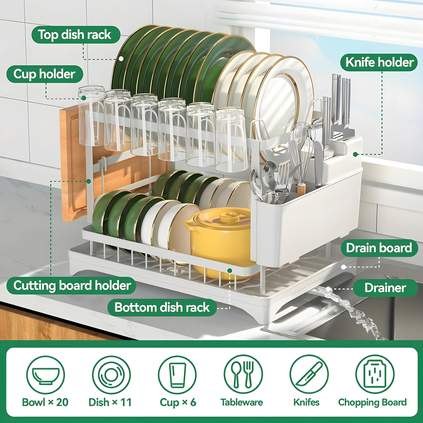 1pc, 2 Tier Cutlery Rack] Rust Resistant Carbon Steel, 2 Tier, 1pc Cutlery Rack | Kitchen Countertop Drain Cutlery Rack With Drain Board | Large, Height 11.81 Inches, Length*W/16.54 Inches*11.81 Inches, Black/White - Maximus Echo