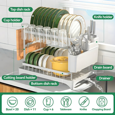 1pc, 2 Tier Cutlery Rack] Rust Resistant Carbon Steel, 2 Tier, 1pc Cutlery Rack | Kitchen Countertop Drain Cutlery Rack With Drain Board | Large, Height 11.81 Inches, Length*W/16.54 Inches*11.81 Inches, Black/White - Maximus Echo