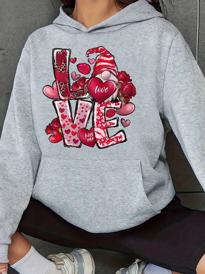 Women's Red Rose & Heart Print Hoodie with LOVE Lettering & Pink Bow Maximus Echo