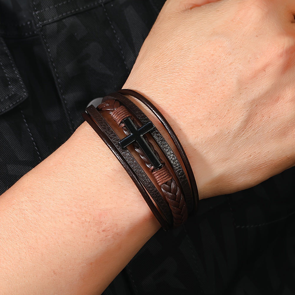 1pc PU Leather Fashion Magnetic Buckle Cross Simple Men's Versatile Woven Bracelet, Father's Day Gift - Maximus Echo