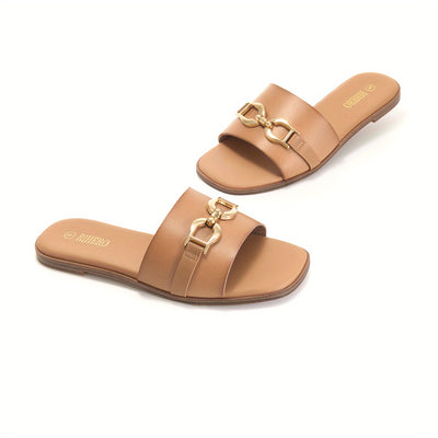 Women's Summer Flat Sandals - Comfortable Sandals with Golden Chain Detail, Travel, Casual Outings, Elegant Footwear - Maximus Echo