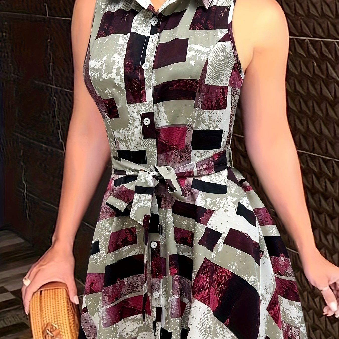 Sexy Pendulum Abstract Print Dress - Sleeveless, Lapel Collar, Tie-Waist, Belted, Semi-Sheer, Machine Washable, Perfect for Summer - Maximus Echo