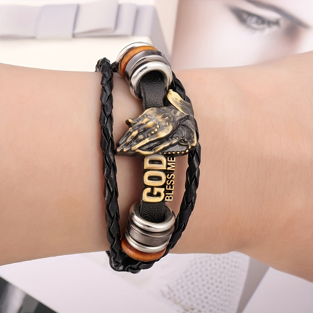 Adjustable Vintage Woven Blessing Fashion Prayer Hand Styling Bracelet | Faux Leather Lettering God Bless | Popular Gift Accessories For Family Friends Holiday Gift - Maximus Echo