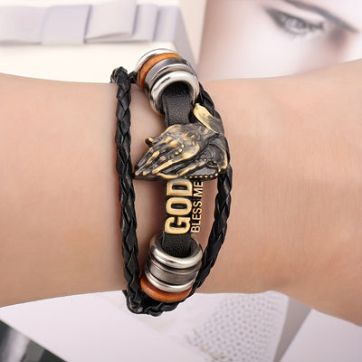 Adjustable Vintage Woven Blessing Fashion Prayer Hand Styling Bracelet | Faux Leather Lettering God Bless | Popular Gift Accessories For Family Friends Holiday Gift - Maximus Echo