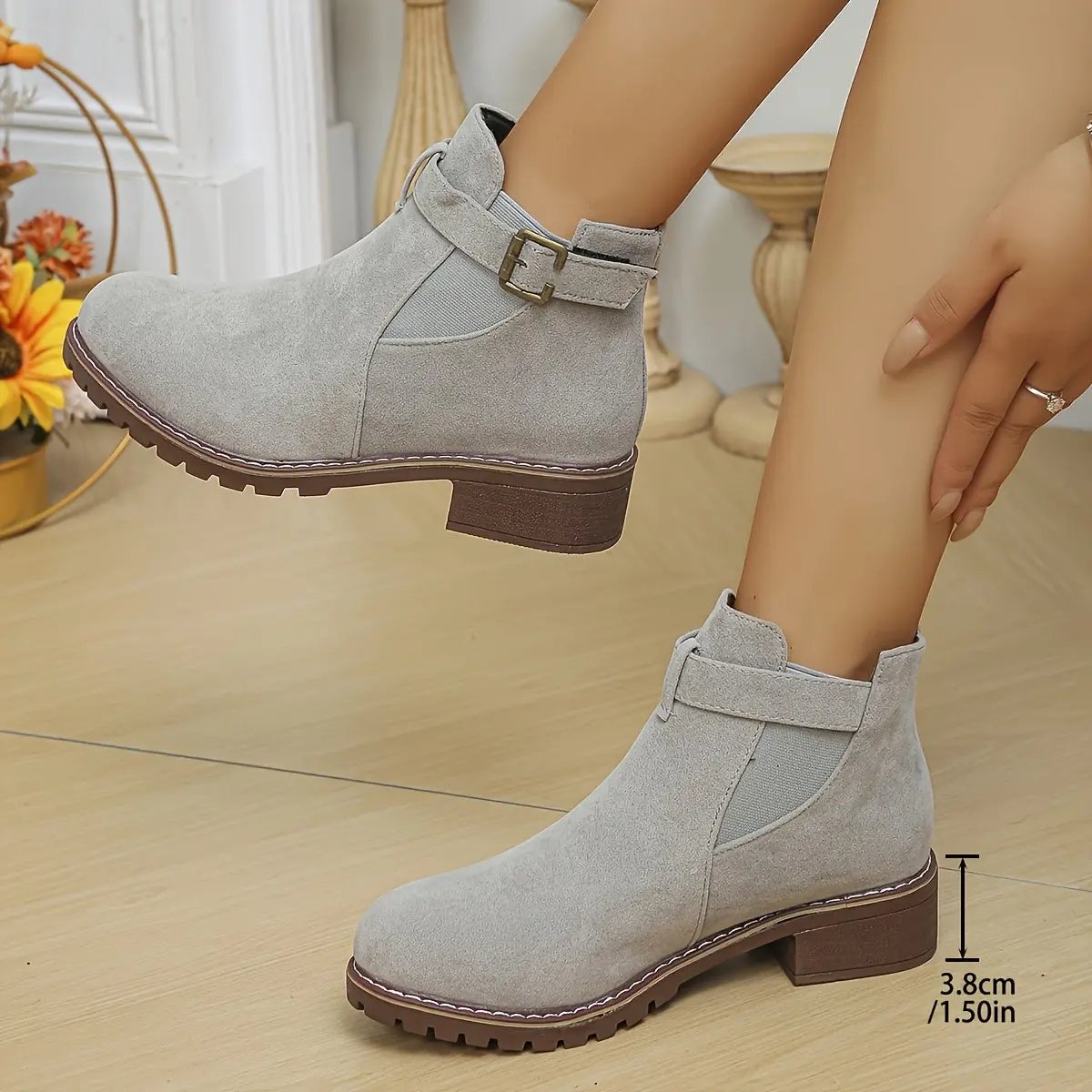 Women's Slip-On Low Heel Ankle Boots - Sporty Chic Round Toe with Decorative Buckle