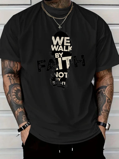 Men's 180g Cotton T-Shirt with "We Walk by Faith Not by Sight"- Casual Round Neck Short Sleeve Tee, Machine Washable, Durable Fabric Shirt - Maximus Echo