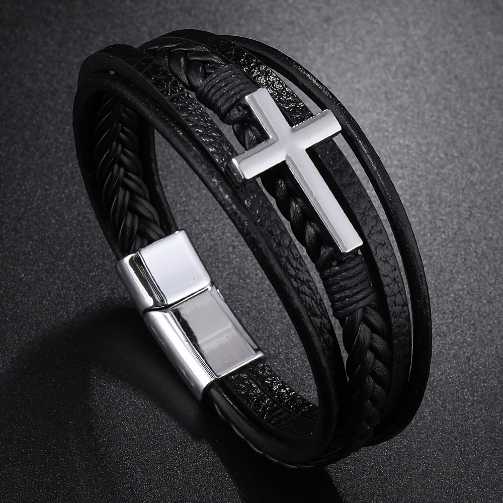 1pc PU Leather Fashion Magnetic Buckle Cross Simple Men's Versatile Woven Bracelet, Father's Day Gift - Maximus Echo