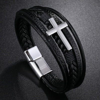 1pc PU Leather Fashion Magnetic Buckle Cross Simple Men's Versatile Woven Bracelet, Father's Day Gift - Maximus Echo