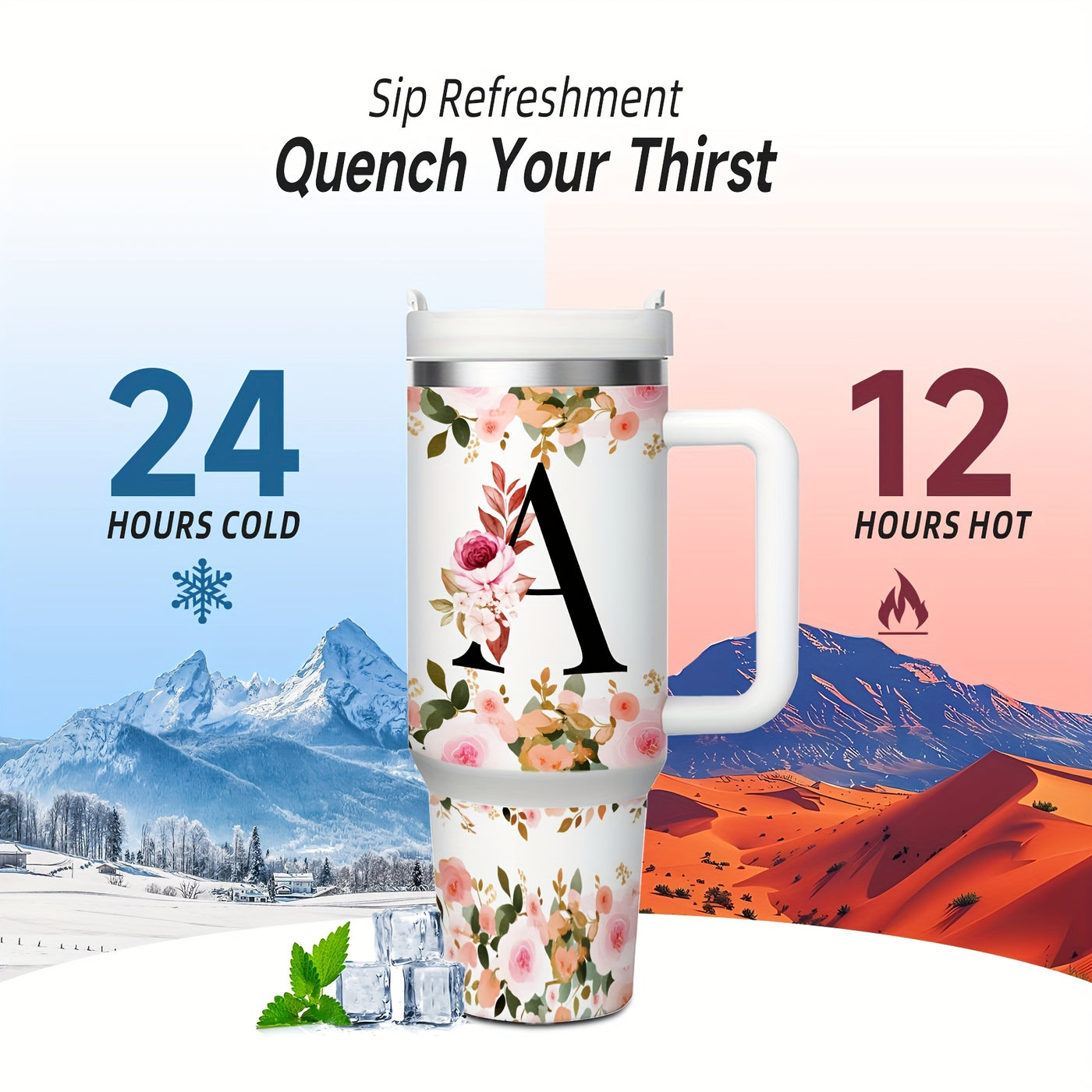1pc 40oz "A-Z Floral Letters" Stainless Steel Travel Cup, Keeps Hot 12h Cold 24h. Coffee Cup - Maximus Echo