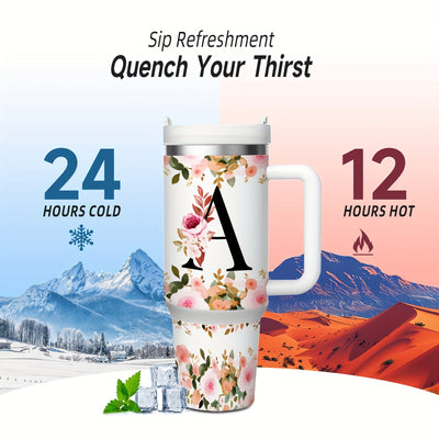 1pc 40oz "A-Z Floral Letters" Stainless Steel Travel Cup, Keeps Hot 12h Cold 24h. Coffee Cup - Maximus Echo