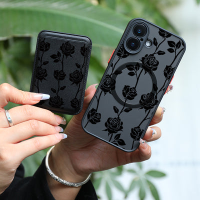 2pcs 1 Set & Luxury All Inclusive Shockproof Black Rose Pattern for Iphone Magnetic Case & Compatible with 1-2 Credit Cards Quality Leather - Maximus Echo
