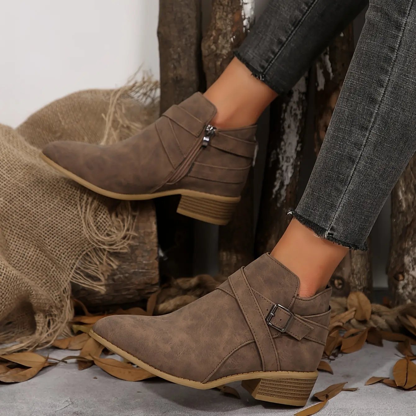 Women's Ankle Boots with Adjustable Buckle Straps & Side Zipper Closure