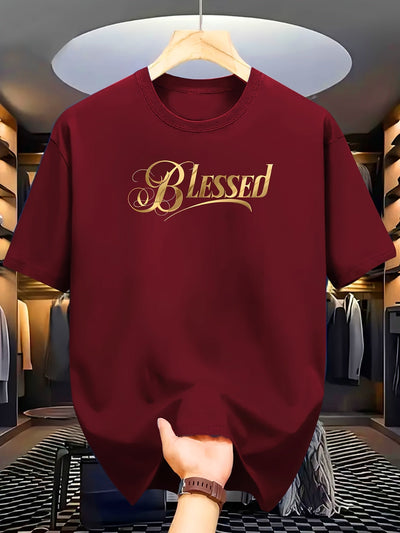 Men's "Blessed" Golden Letter Print Maroon Casual Short Sleeve T-Shirt - Summer Outdoor Gym Training Tee Maximus Echo