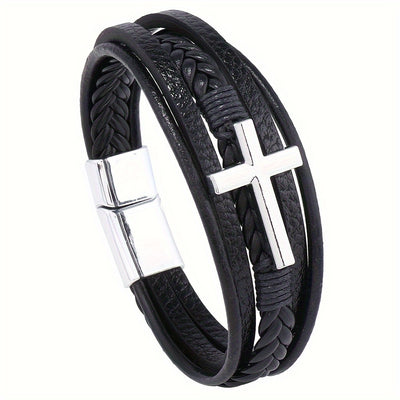 1pc PU Leather Fashion Magnetic Buckle Cross Simple Men's Versatile Woven Bracelet, Father's Day Gift - Maximus Echo