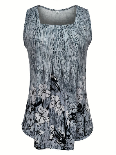 Women's Summer Square Neck Sleeveless Tank Top - Floral Print Ruching Detail, Stretchy Polyester-Spandex Blend, Machine Washable - Maximus Echo