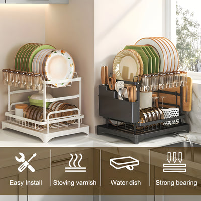 1pc, 2 Tier Cutlery Rack] Rust Resistant Carbon Steel, 2 Tier, 1pc Cutlery Rack | Kitchen Countertop Drain Cutlery Rack With Drain Board | Large, Height 11.81 Inches, Length*W/16.54 Inches*11.81 Inches, Black/White - Maximus Echo