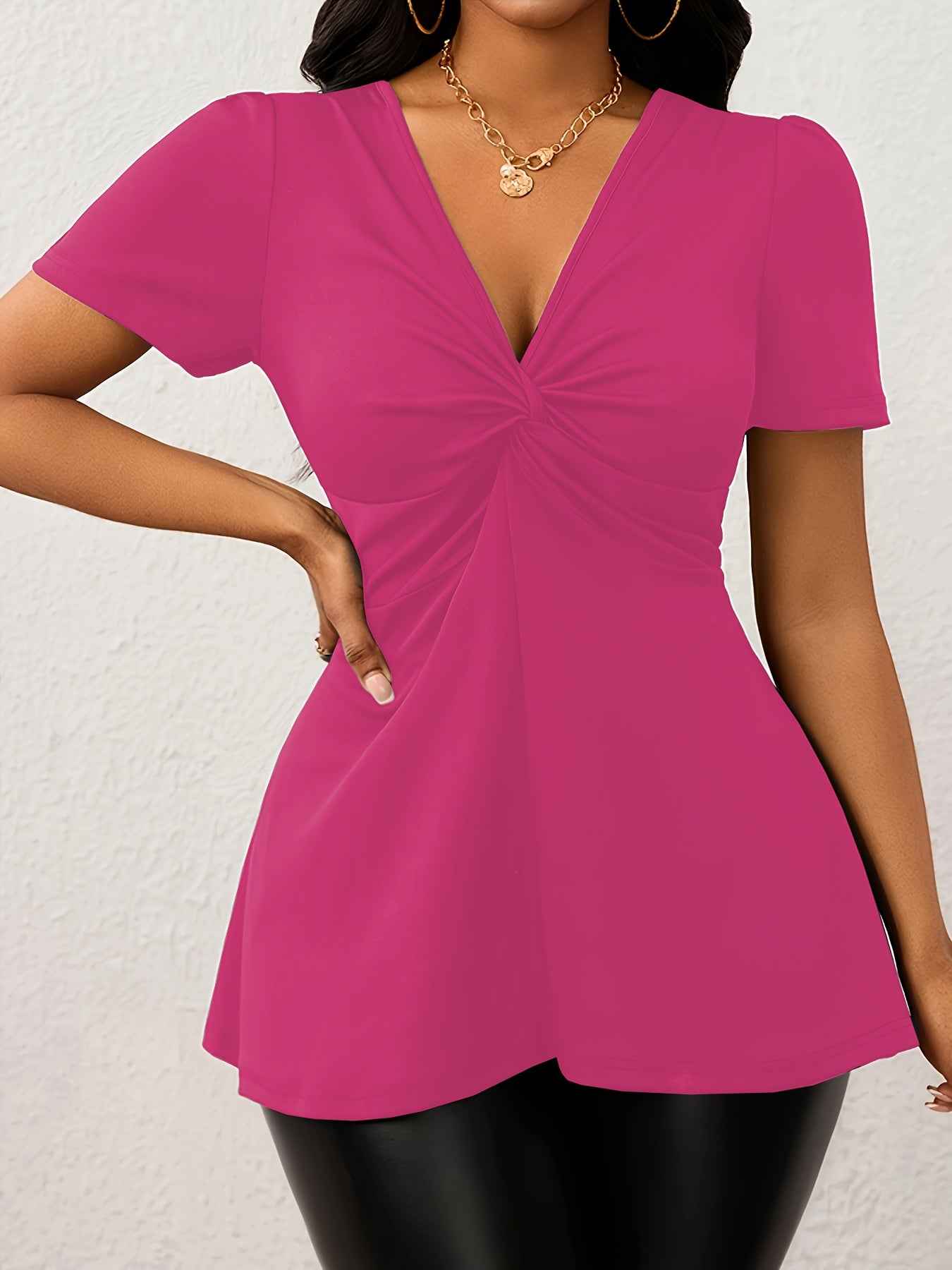Women'S Elegant Solid Color V-Neck Twist-Front Loose Hem Stretchy Comfortable Basic T-Shirt Top - Maximus Echo