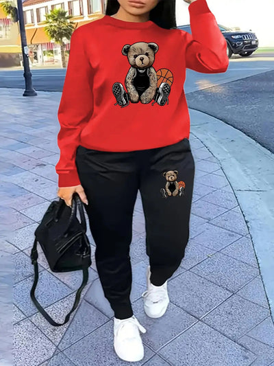 Women'S Casual Sports Fashion Bear Basketball Pattern Crew Neck Sweatshirt Set with Knit Fabric, 100% Polyester Material, Fall/Winter Season