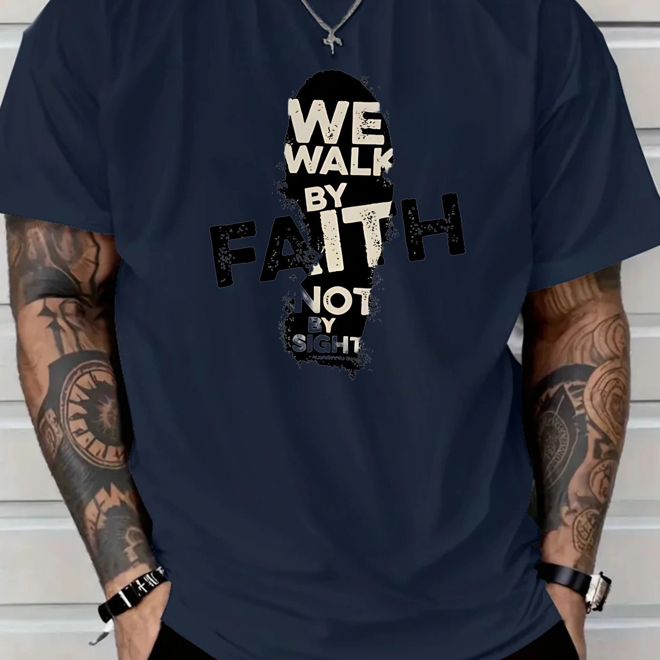 Men's 180g Cotton T-Shirt with "We Walk by Faith Not by Sight"- Casual Round Neck Short Sleeve Tee, Machine Washable, Durable Fabric Shirt - Maximus Echo