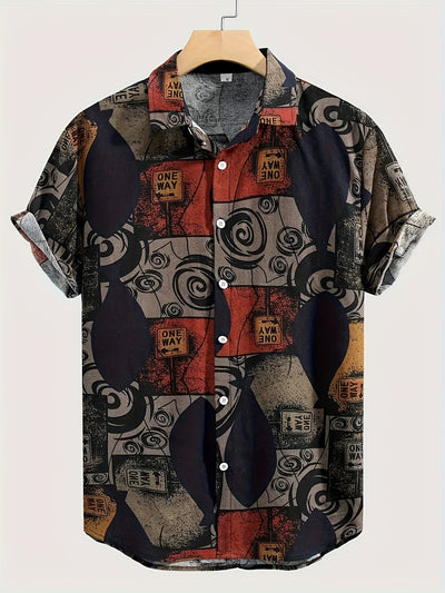 Men'S Color-Blocked Geometric Print Shirt, Casual Short-Sleeve Button-Up Made of Blend, Perfect for Outdoor Activities in Summer. - Maximus Echo
