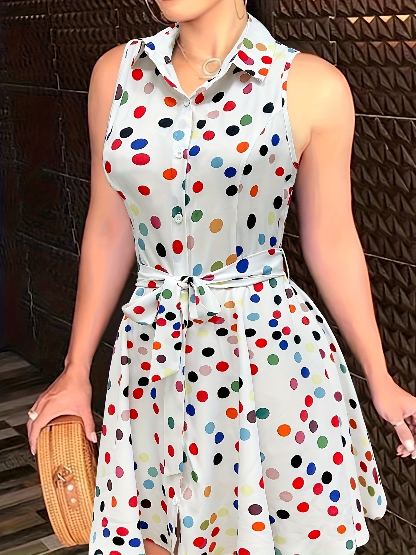 Sexy Pendulum Abstract Print Dress - Sleeveless, Lapel Collar, Tie-Waist, Belted, Semi-Sheer, Machine Washable, Perfect for Summer - Maximus Echo