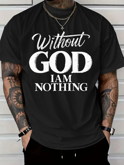 Men's 180g Heavyweight Cotton T-Shirt with "Without GOD I AM NOTHING" Inspirational Print - Navy Blue Casual Round Neck Short Sleeve Tee, Machine Washable - Maximus Echo