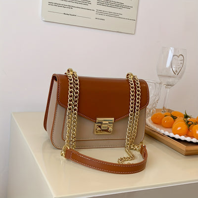 Elegant Beige & Brown Mini Turnlock Square Shoulder Bag with Golden Chain Strap | Office Bag, Chain Strap Bag, Turnlock Closure, Ideal for Work, Office - Maximus Echo