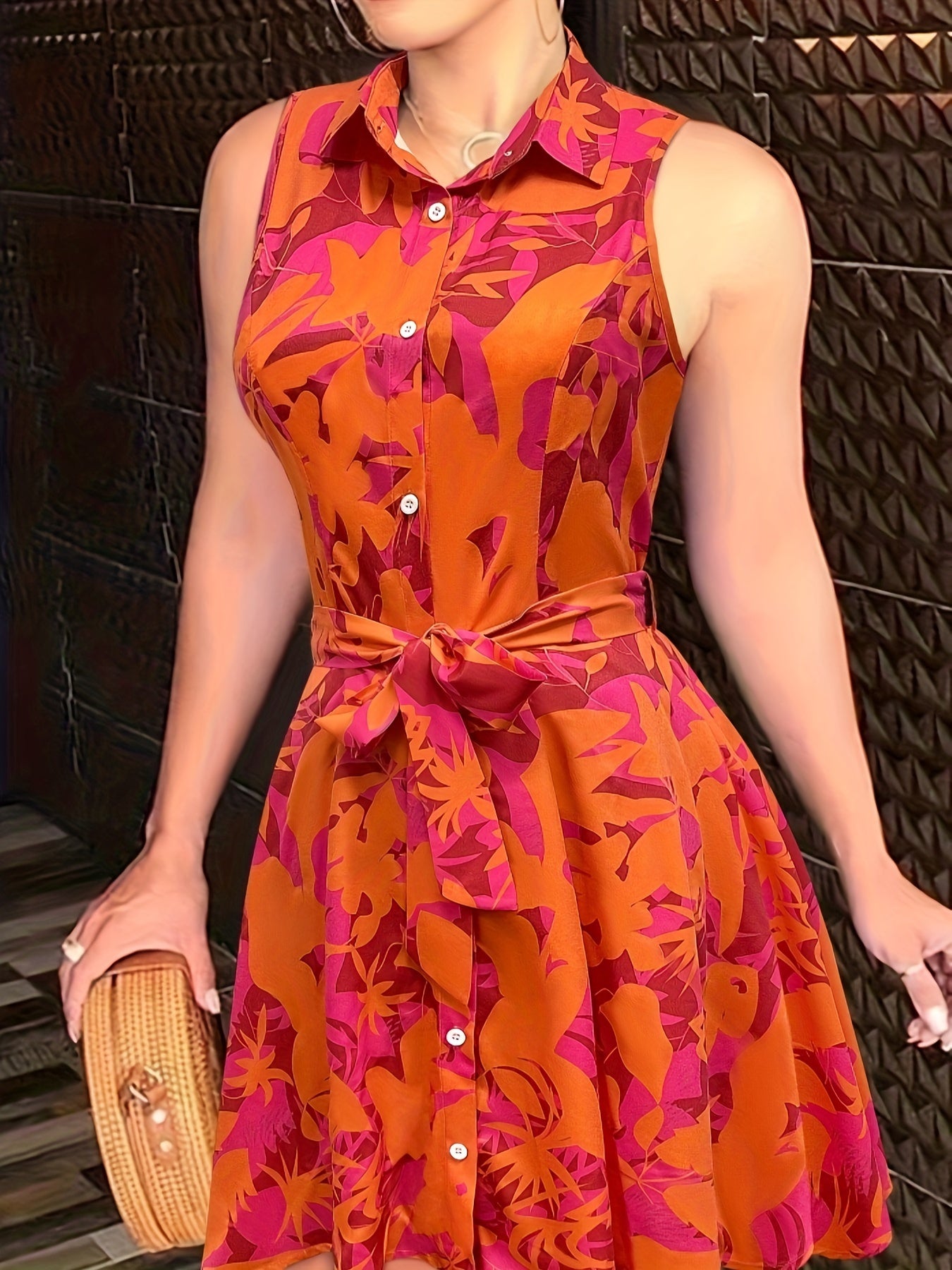 Sexy Pendulum Abstract Print Dress - Sleeveless, Lapel Collar, Tie-Waist, Belted, Semi-Sheer, Machine Washable, Perfect for Summer - Maximus Echo