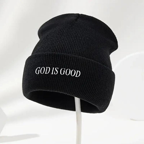 Men's & Women's Black Winter Beanie with 'God is Good' White Cursive Lettering