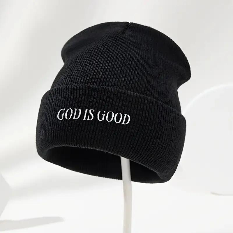 Men's & Women's Black Winter Beanie with 'God is Good' White Cursive Lettering