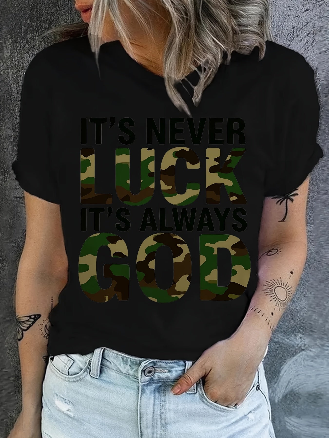 Women'S Casual T-Shirt - "It'S Never Lucky to Be God" Graphic, Comfortable Round Neck - Maximus Echo