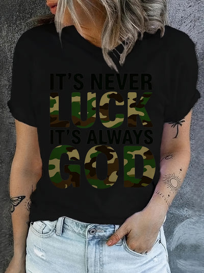 Women'S Casual T-Shirt - "It'S Never Lucky to Be God" Graphic, Comfortable Round Neck - Maximus Echo