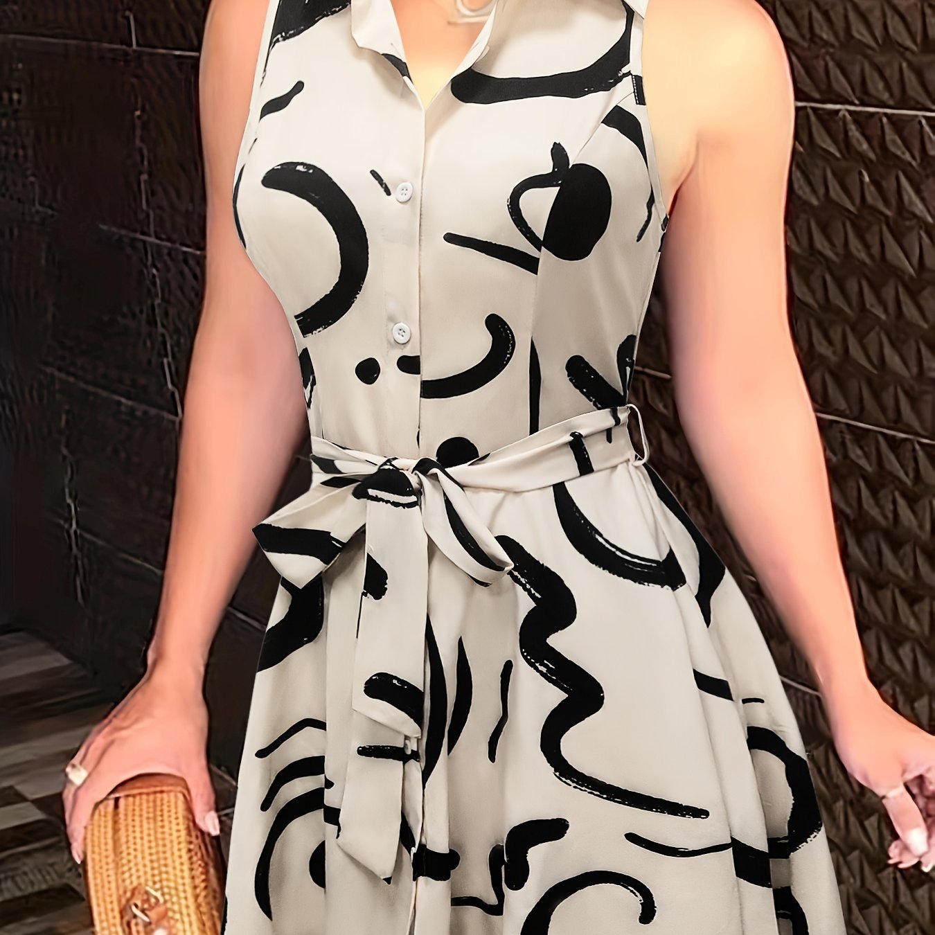 Sexy Pendulum Abstract Print Dress - Sleeveless, Lapel Collar, Tie-Waist, Belted, Semi-Sheer, Machine Washable, Perfect for Summer - Maximus Echo