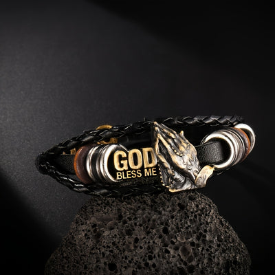 Adjustable Vintage Woven Blessing Fashion Prayer Hand Styling Bracelet | Faux Leather Lettering God Bless | Popular Gift Accessories For Family Friends Holiday Gift - Maximus Echo