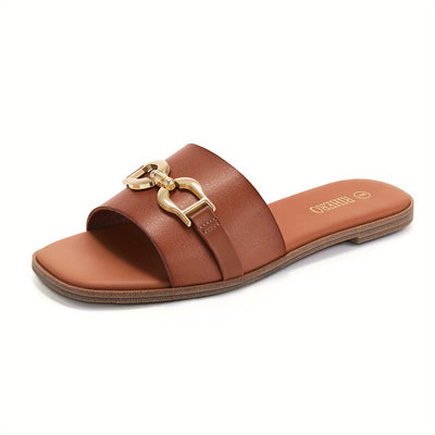 Women's Summer Flat Sandals - Comfortable Sandals with Golden Chain Detail, Travel, Casual Outings, Elegant Footwear - Maximus Echo