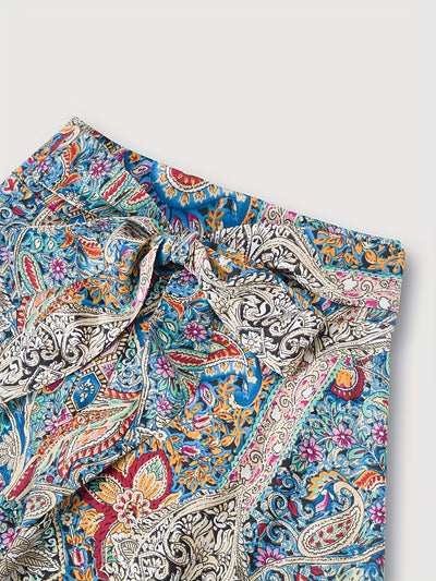 Women's Bohemian Floral Print A-Line Midi Skirt - Vibrant Paisley & Blossom Design, High-Waisted Casual Spring/Summer Skirt, Polyester, Machine Washable, High Waisted Skirt - Maximus Echo