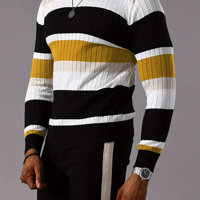 Men's Striped Color-Block Ribbed Knit Sweater - Long Sleeve Round Neck Pullover with Elastic
