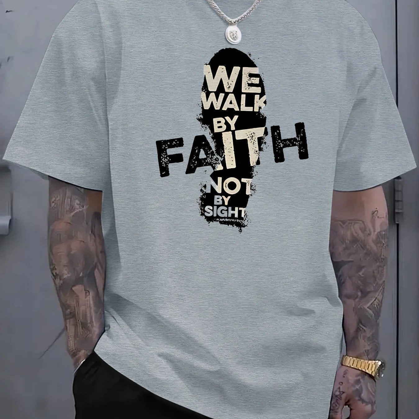Men's 180g Cotton T-Shirt with "We Walk by Faith Not by Sight"- Casual Round Neck Short Sleeve Tee, Machine Washable, Durable Fabric Shirt - Maximus Echo