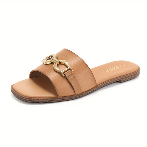 Women's Summer Flat Sandals - Comfortable Sandals with Golden Chain Detail, Travel, Casual Outings, Elegant Footwear - Maximus Echo