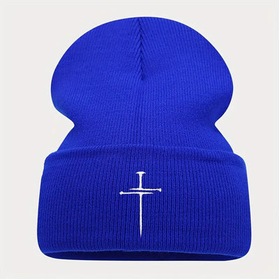 Unisex White & Blue/ Grey Knit Beanie Hats with Cross- Winter