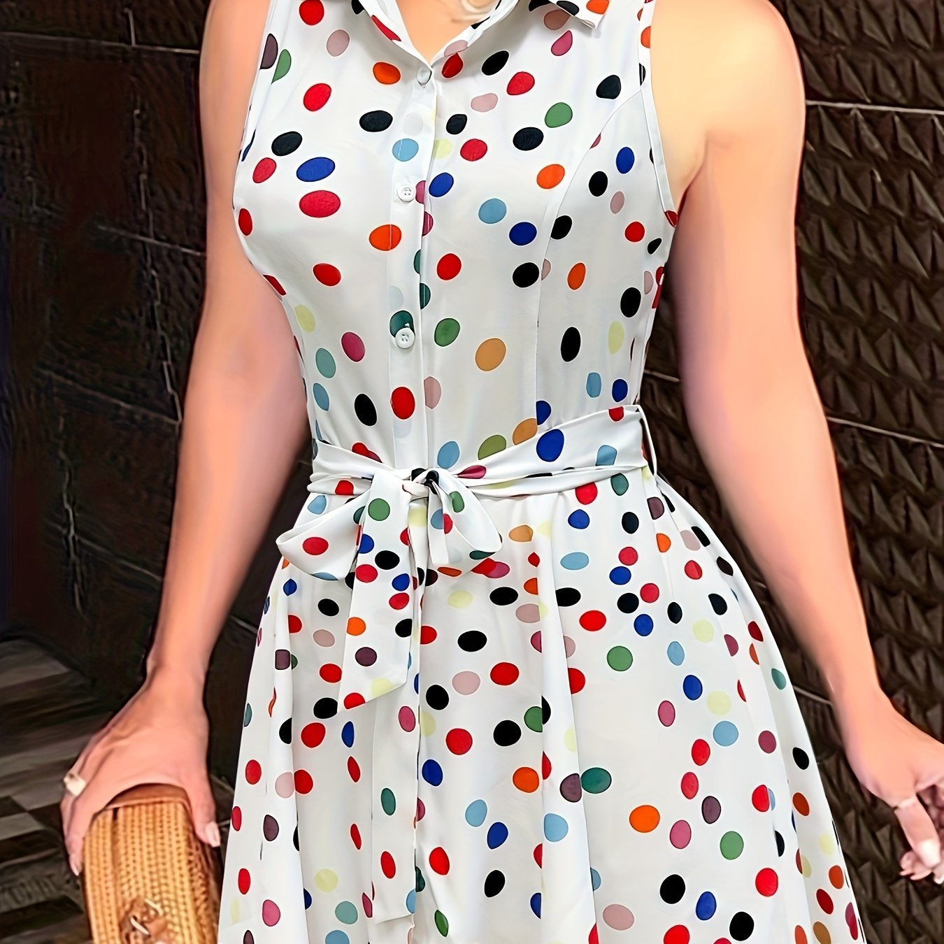 Sexy Pendulum Abstract Print Dress - Sleeveless, Lapel Collar, Tie-Waist, Belted, Semi-Sheer, Machine Washable, Perfect for Summer - Maximus Echo