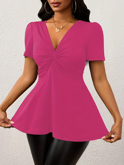 Women'S Elegant Solid Color V-Neck Twist-Front Loose Hem Stretchy Comfortable Basic T-Shirt Top - Maximus Echo