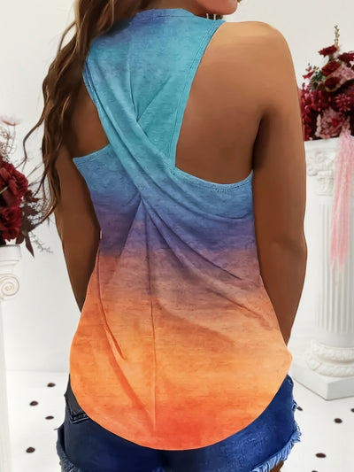 Elegant Gradient Print Sleeveless Tank Top for Women - Crew Neck with Twist Back Detail, Stretchy Polyester Blend - Maximus Echo