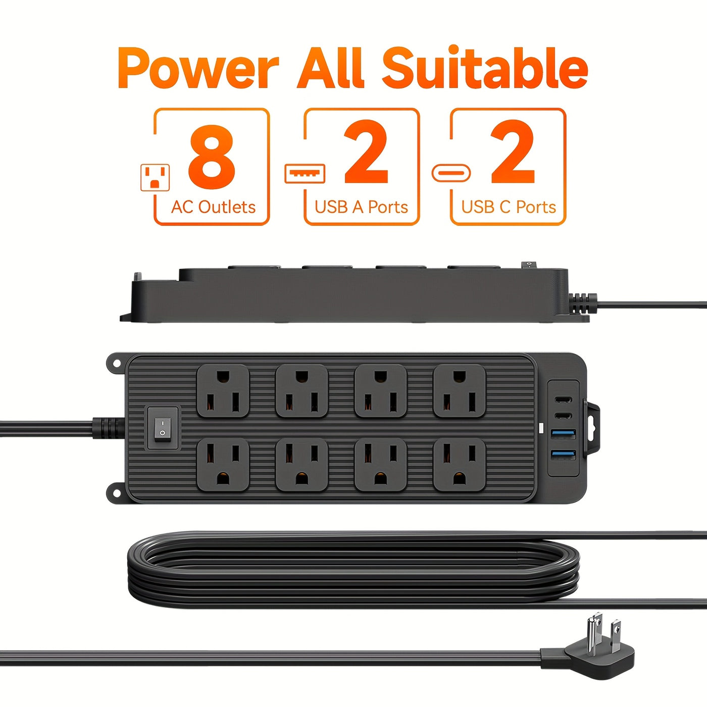 Protector Outlet Extender Power Strip with 5ft/10ft Thin Flat Extension Cord, 8 Widely Distributed AC Outlets, 4 USB Charging Ports (2 USB A & 2 USB C), Desk Charging Station, Compact Power Strip Outlet Extend - Maximus Echo