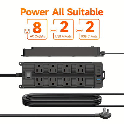 Protector Outlet Extender Power Strip with 5ft/10ft Thin Flat Extension Cord, 8 Widely Distributed AC Outlets, 4 USB Charging Ports (2 USB A & 2 USB C), Desk Charging Station, Compact Power Strip Outlet Extend - Maximus Echo