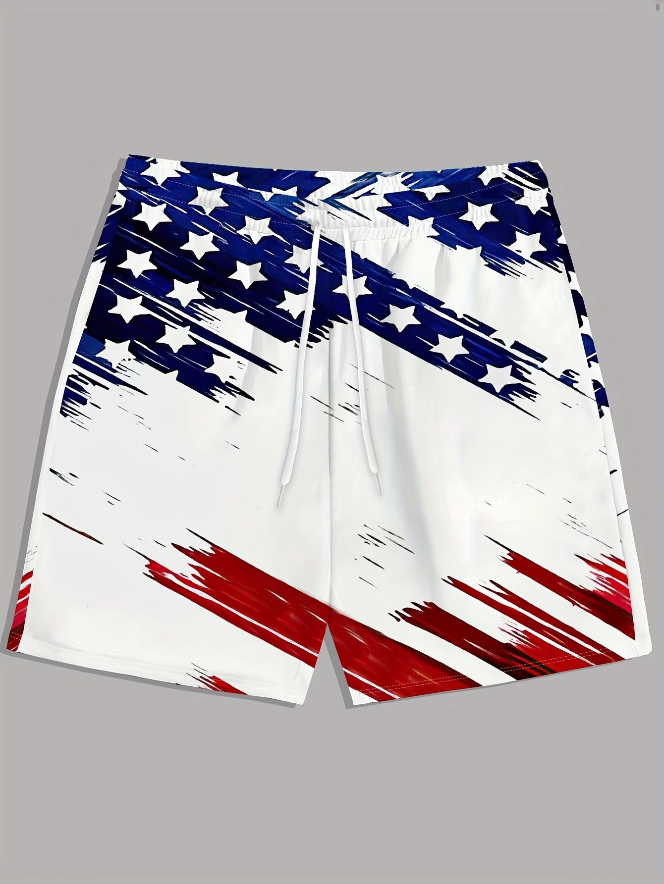 2025 Men's Casual American Flag 3D Print Shorts - Patriotic Red White Blue Star Design, Breathable Fabric, Regular Fit, Machine Washable for Sports & Outdoor Activities, Comfortable Fit - Maximus Echo