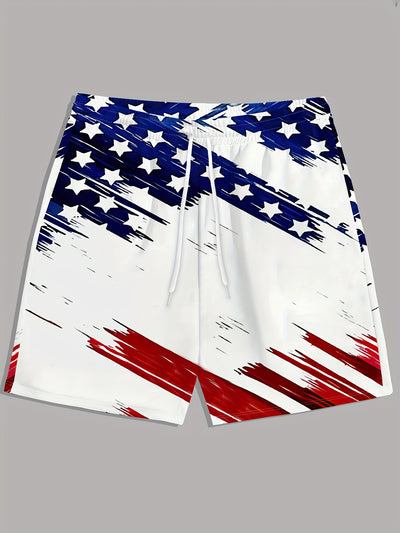 2025 Men's Casual American Flag 3D Print Shorts - Patriotic Red White Blue Star Design, Breathable Fabric, Regular Fit, Machine Washable for Sports & Outdoor Activities, Comfortable Fit - Maximus Echo