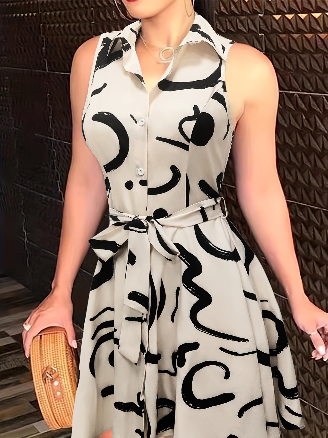 Sexy Pendulum Abstract Print Dress - Sleeveless, Lapel Collar, Tie-Waist, Belted, Semi-Sheer, Machine Washable, Perfect for Summer - Maximus Echo