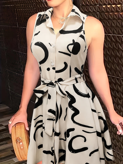 Sexy Pendulum Abstract Print Dress - Sleeveless, Lapel Collar, Tie-Waist, Belted, Semi-Sheer, Machine Washable, Perfect for Summer - Maximus Echo
