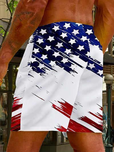 2025 Men's Casual American Flag 3D Print Shorts - Patriotic Red White Blue Star Design, Breathable Fabric, Regular Fit, Machine Washable for Sports & Outdoor Activities, Comfortable Fit - Maximus Echo